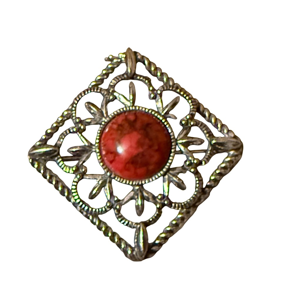 SARAH Coventry Silver Tone Red Stone Diamond Shape Brooch Pin